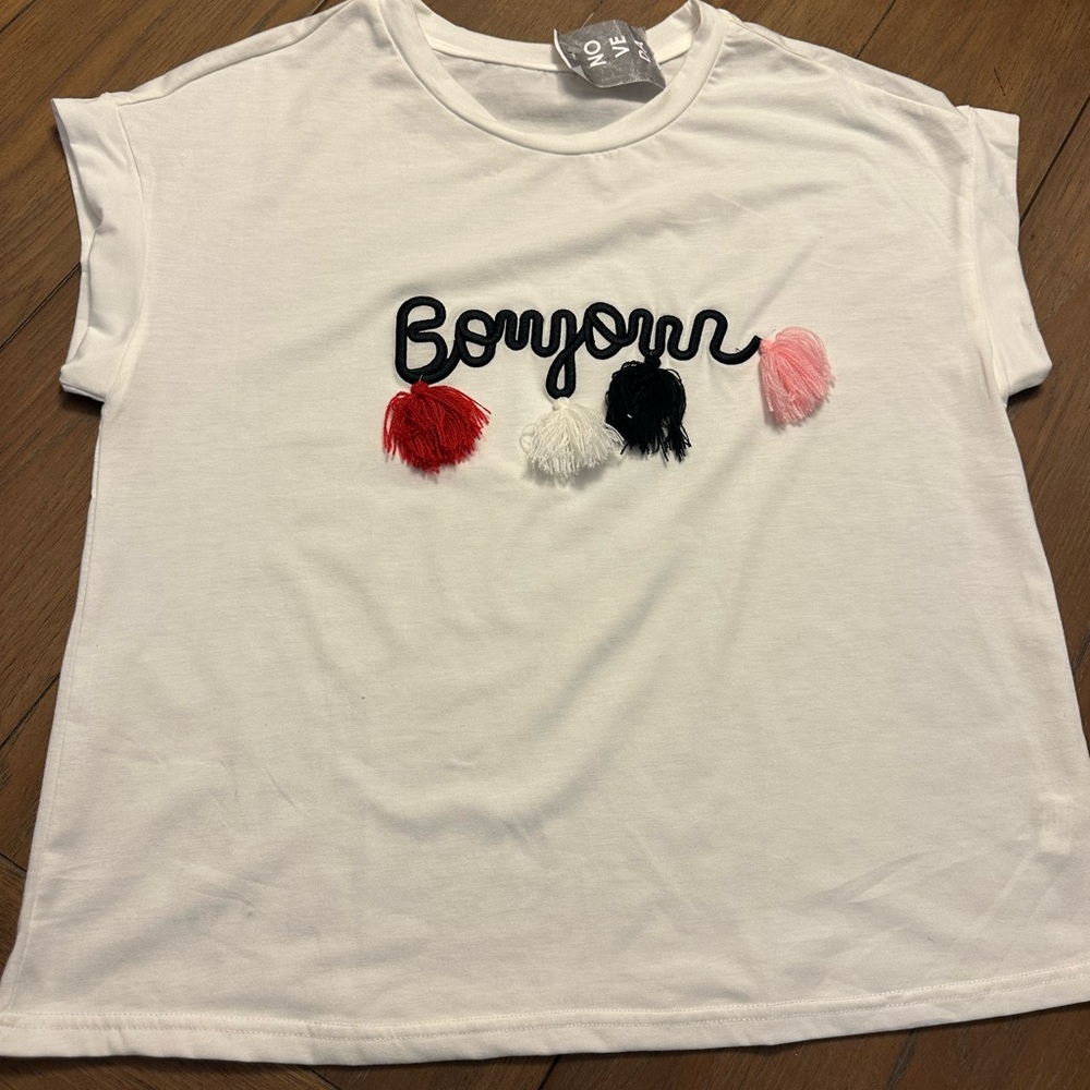 White T-Shirt with Bonjour Tassel Design
